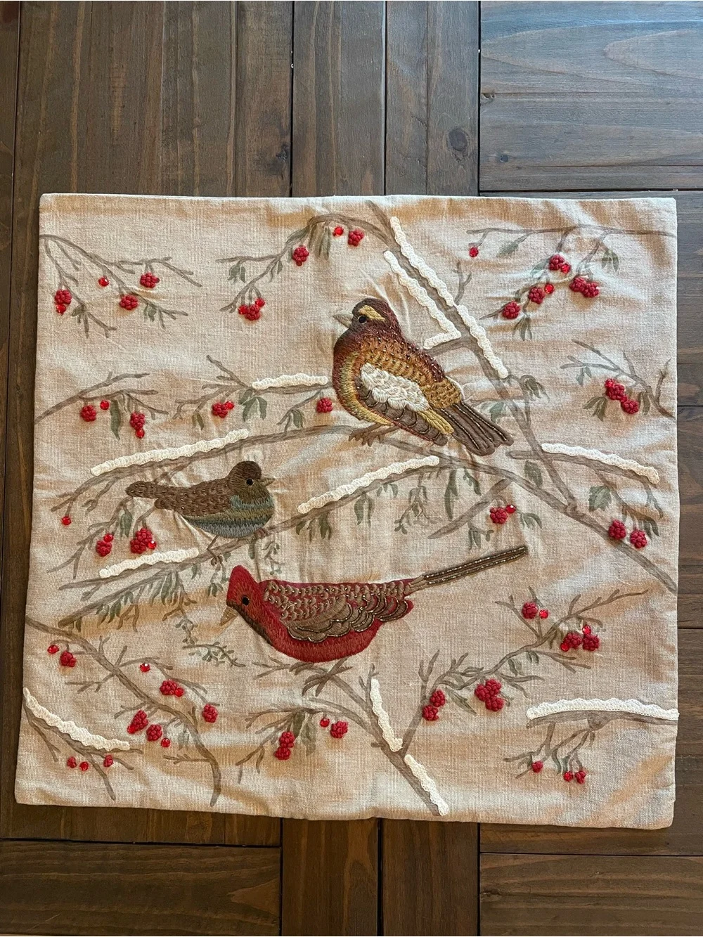 Pottery Barn Embroidered Winter Birds on Branch Cotton Pillow Cover 24” x 24”
